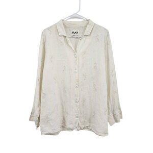 Flax Women's 100% Linen Muted Watercolor Print Button Down Shirt Lagenlook